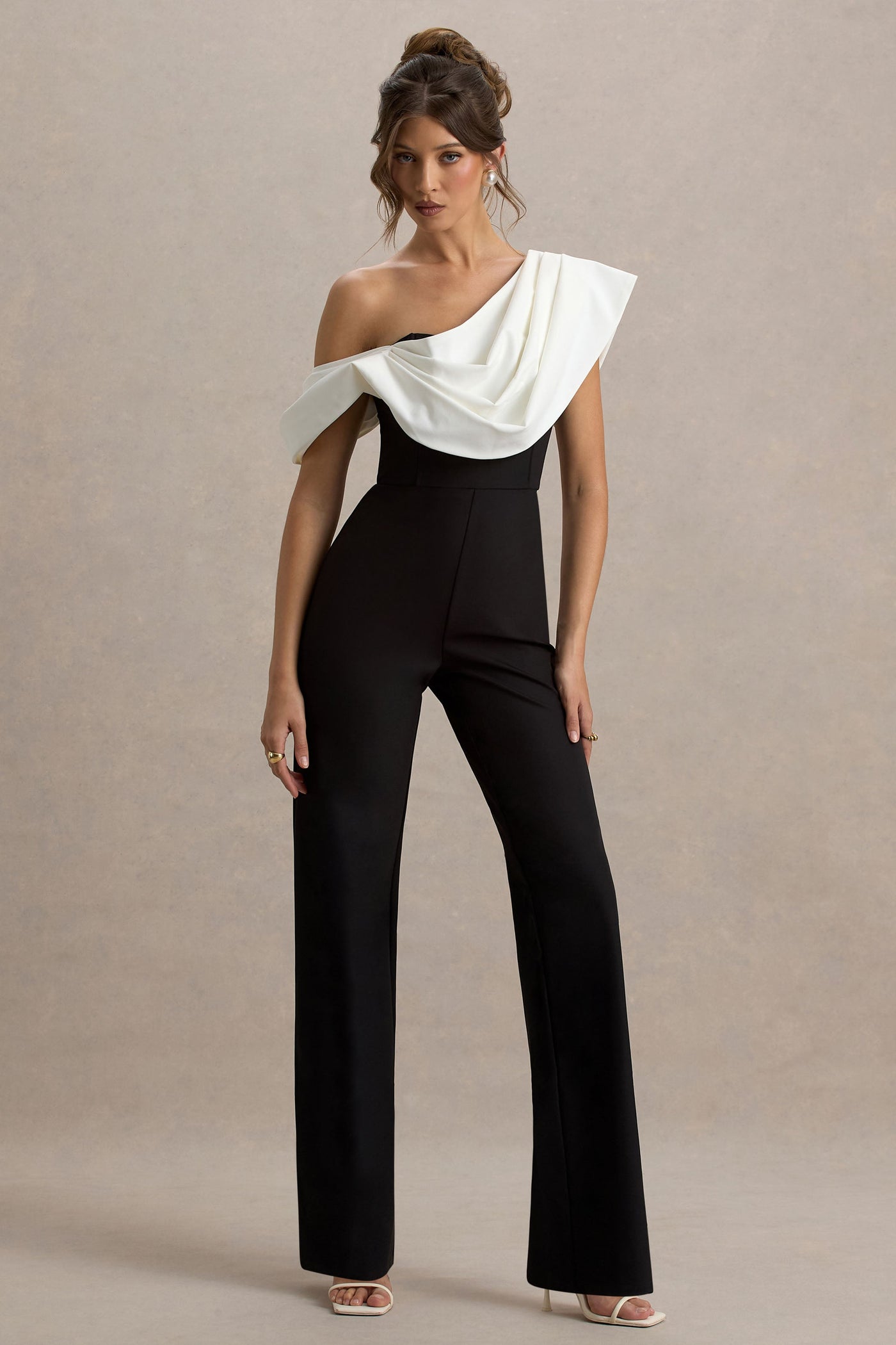 Falling For You | Black & White Asymmetric Draped Jumpsuit
