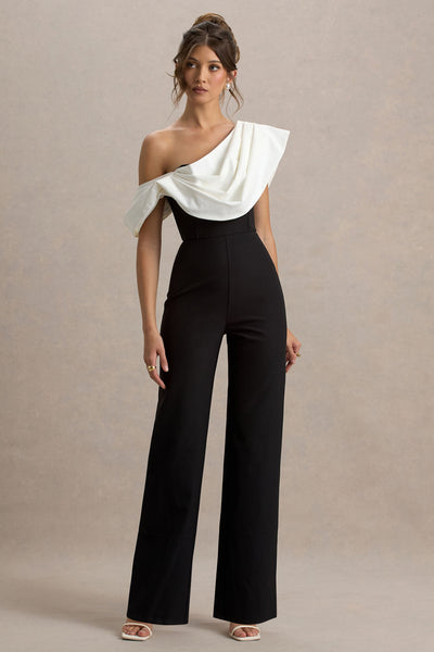 Falling For You | Black & White Asymmetric Draped Jumpsuit